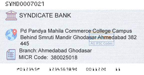 Syndicate Bank Ahmedabad GhodasarBranch 