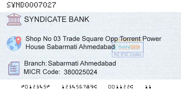 Syndicate Bank Sabarmati AhmedabadBranch 