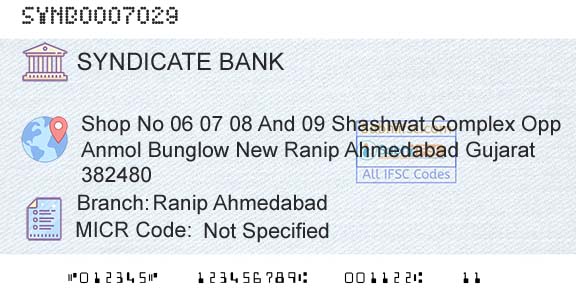 Syndicate Bank Ranip AhmedabadBranch 