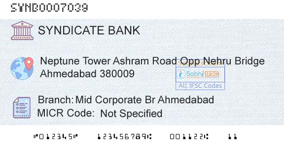 Syndicate Bank Mid Corporate Br AhmedabadBranch 
