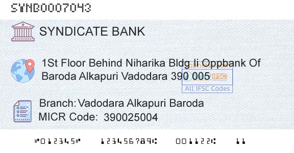 Syndicate Bank Vadodara Alkapuri BarodaBranch 