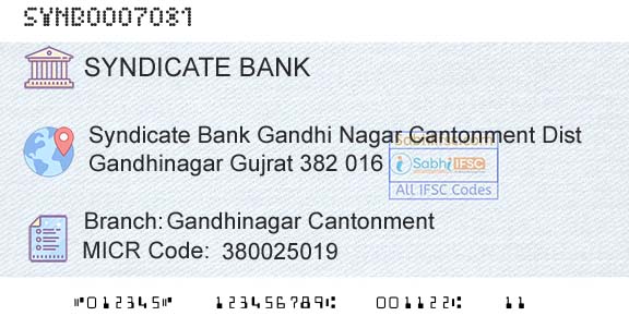 Syndicate Bank Gandhinagar CantonmentBranch 