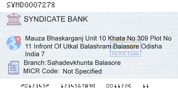Syndicate Bank Sahadevkhunta BalasoreBranch 