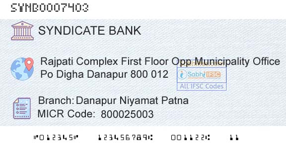 Syndicate Bank Danapur Niyamat PatnaBranch 
