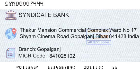 Syndicate Bank GopalganjBranch 