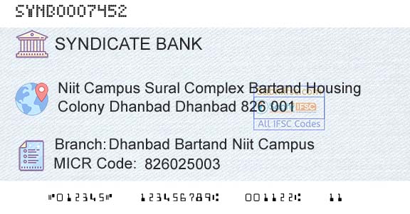 Syndicate Bank Dhanbad Bartand Niit CampusBranch 