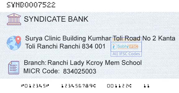 Syndicate Bank Ranchi Lady Kcroy Mem SchoolBranch 