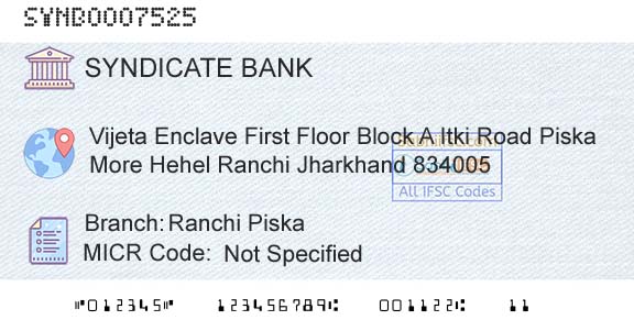 Syndicate Bank Ranchi PiskaBranch 