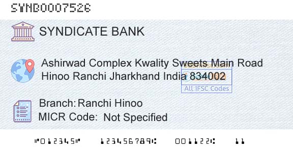 Syndicate Bank Ranchi HinooBranch 