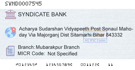Syndicate Bank Mubarakpur BranchBranch 