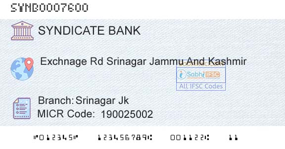 Syndicate Bank Srinagar JkBranch 