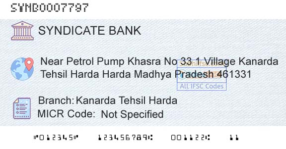 Syndicate Bank Kanarda Tehsil HardaBranch 