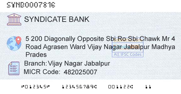 Syndicate Bank Vijay Nagar JabalpurBranch 