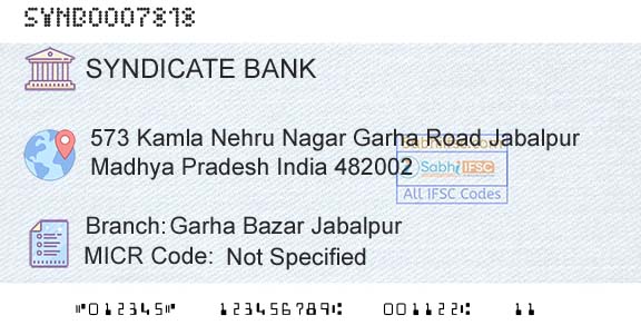 Syndicate Bank Garha Bazar JabalpurBranch 