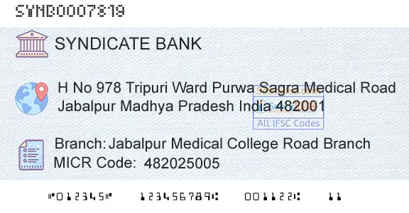 Syndicate Bank Jabalpur Medical College Road BranchBranch 