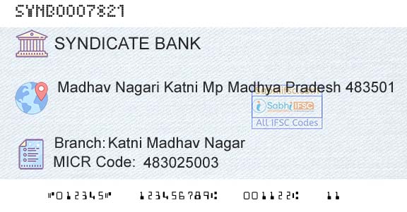 Syndicate Bank Katni Madhav NagarBranch 