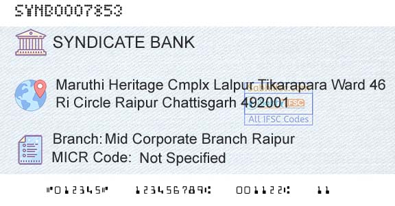 Syndicate Bank Mid Corporate Branch RaipurBranch 