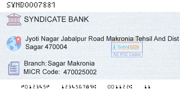 Syndicate Bank Sagar MakroniaBranch 
