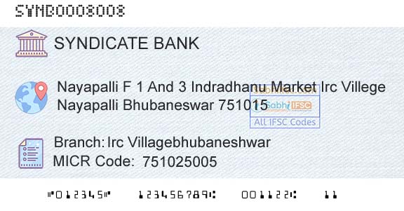 Syndicate Bank Irc VillagebhubaneshwarBranch 