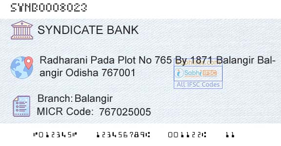 Syndicate Bank BalangirBranch 