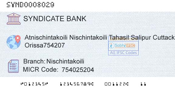 Syndicate Bank NischintakoiliBranch 