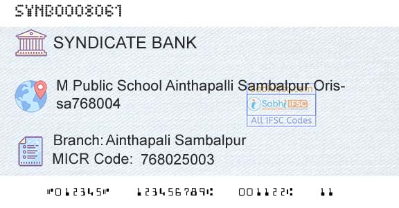 Syndicate Bank Ainthapali SambalpurBranch 