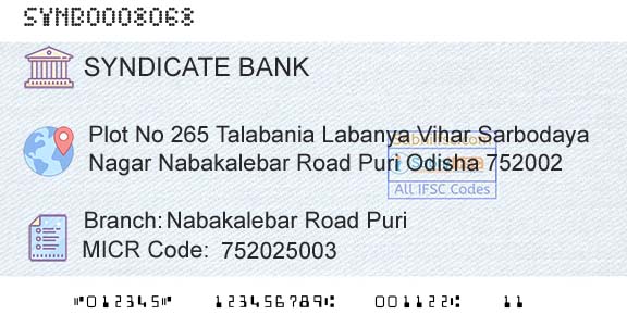 Syndicate Bank Nabakalebar Road PuriBranch 