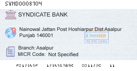 Syndicate Bank AsalpurBranch 