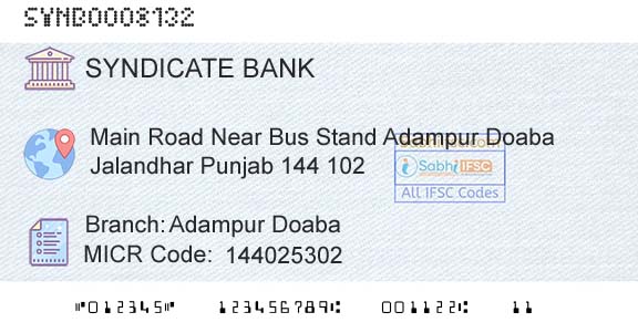 Syndicate Bank Adampur DoabaBranch 