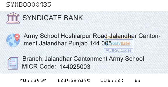 Syndicate Bank Jalandhar Cantonment Army SchoolBranch 