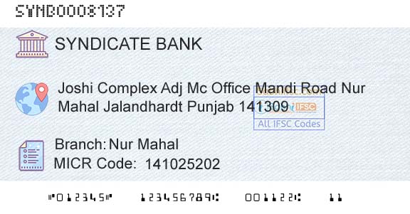Syndicate Bank Nur MahalBranch 