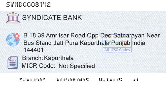 Syndicate Bank KapurthalaBranch 