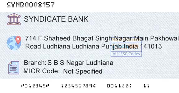 Syndicate Bank S B S Nagar LudhianaBranch 