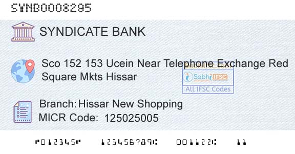 Syndicate Bank Hissar New ShoppingBranch 