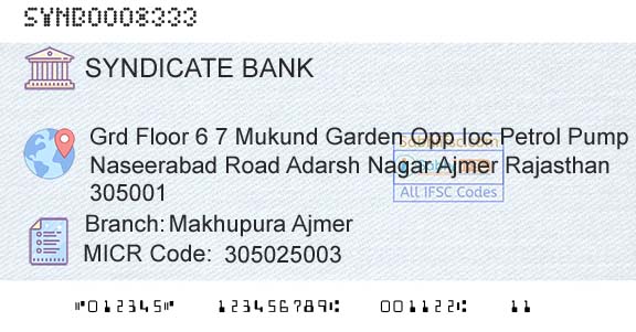 Syndicate Bank Makhupura AjmerBranch 
