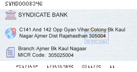 Syndicate Bank Ajmer Bk Kaul NagaarBranch 