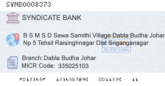 Syndicate Bank Dabla Budha JoharBranch 
