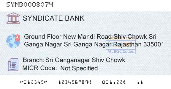 Syndicate Bank Sri Ganganagar Shiv ChowkBranch 