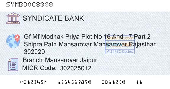 Syndicate Bank Mansarovar JaipurBranch 