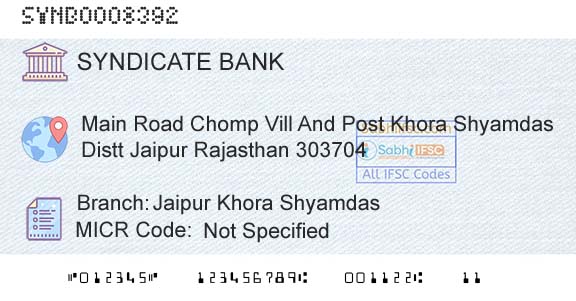 Syndicate Bank Jaipur Khora ShyamdasBranch 