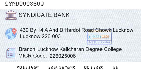 Syndicate Bank Lucknow Kalicharan Degree CollegeBranch 