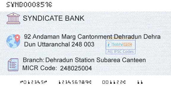 Syndicate Bank Dehradun Station Subarea CanteenBranch 