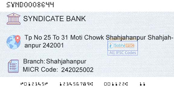 Syndicate Bank ShahjahanpurBranch 
