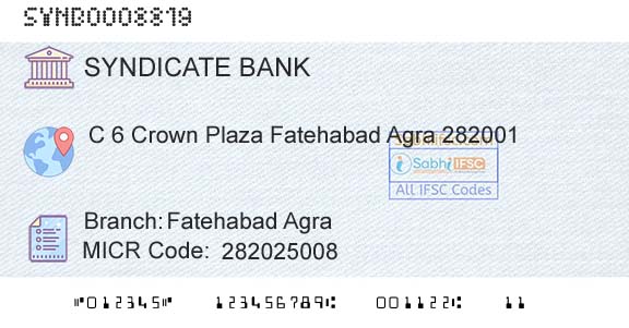 Syndicate Bank Fatehabad AgraBranch 