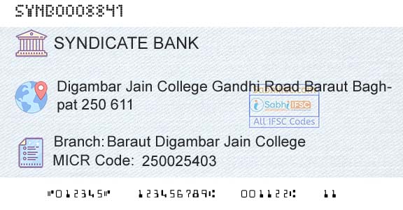 Syndicate Bank Baraut Digambar Jain CollegeBranch 