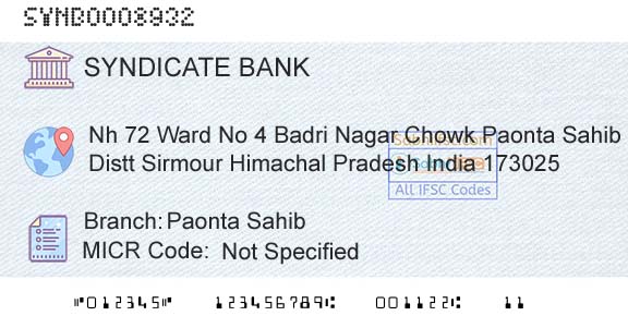 Syndicate Bank Paonta SahibBranch 