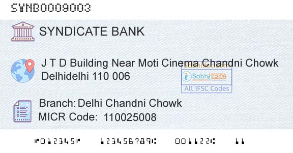 Syndicate Bank Delhi Chandni ChowkBranch 