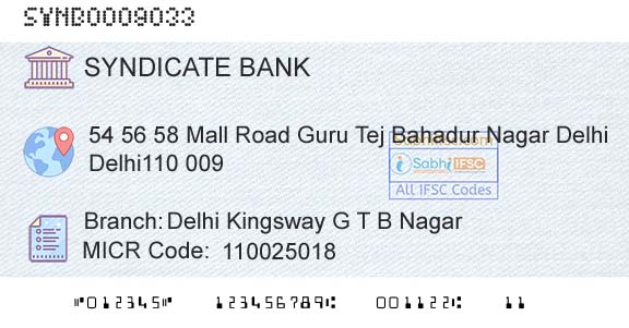 Syndicate Bank Delhi Kingsway G T B NagarBranch 