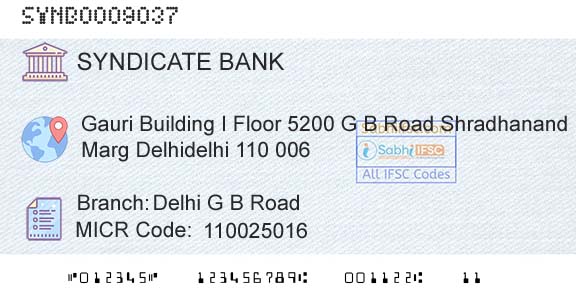 Syndicate Bank Delhi G B RoadBranch 