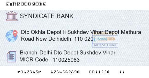 Syndicate Bank Delhi Dtc Depot Sukhdev ViharBranch 